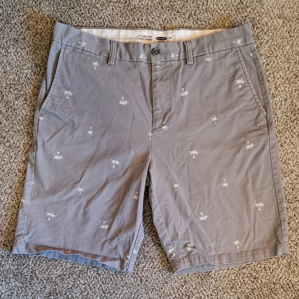 Old Navy Ultimate Slim Gray Shorts With White Palm Trees Men's Size 34